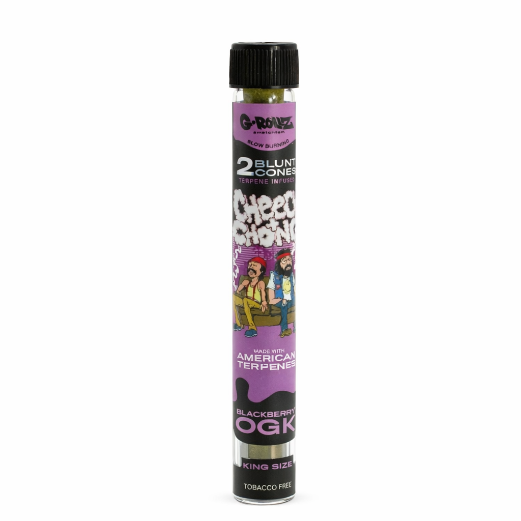 G‑Rollz pre‑rolled cones 2‑piece glass tube accessory shown in branded artwork packaging on a pure white background.