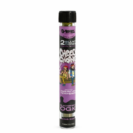 G‑Rollz pre‑rolled cones 2‑piece glass tube accessory shown in branded artwork packaging on a pure white background.