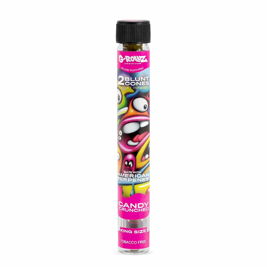 G‑Rollz pre‑rolled cones 2‑piece glass tube accessory shown in branded artwork packaging on a pure white background.