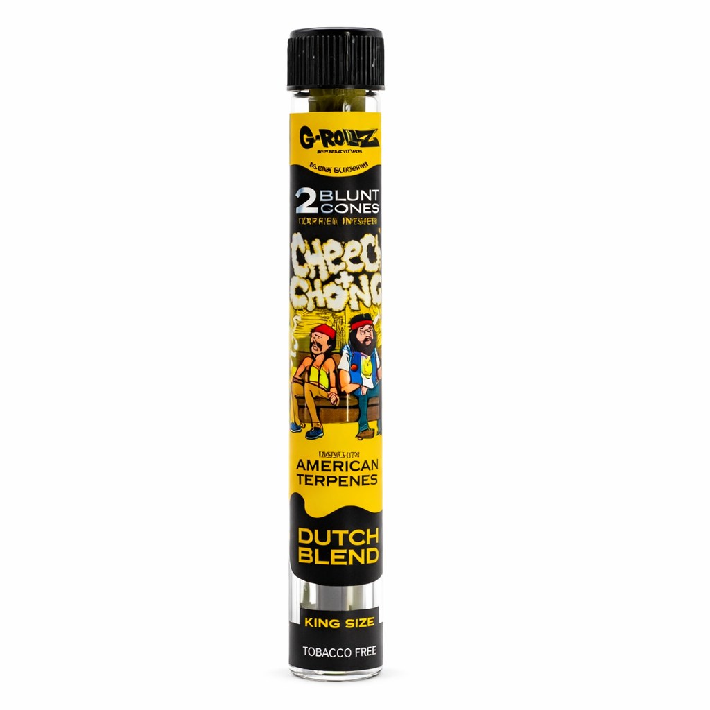 G‑Rollz pre‑rolled cones 2‑piece glass tube accessory shown in branded artwork packaging on a pure white background.