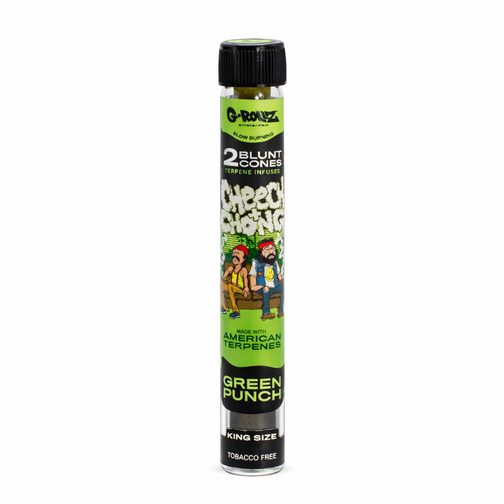 G‑Rollz pre‑rolled cones 2‑piece glass tube accessory shown in branded artwork packaging on a pure white background.