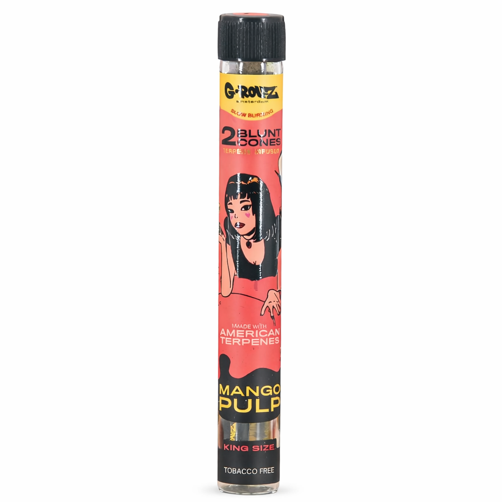 G‑Rollz pre‑rolled cones 2‑piece glass tube accessory shown in branded artwork packaging on a pure white background.