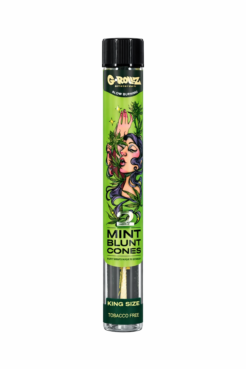 G‑Rollz pre‑rolled cones 2‑piece glass tube accessory shown in branded artwork packaging on a pure white background.