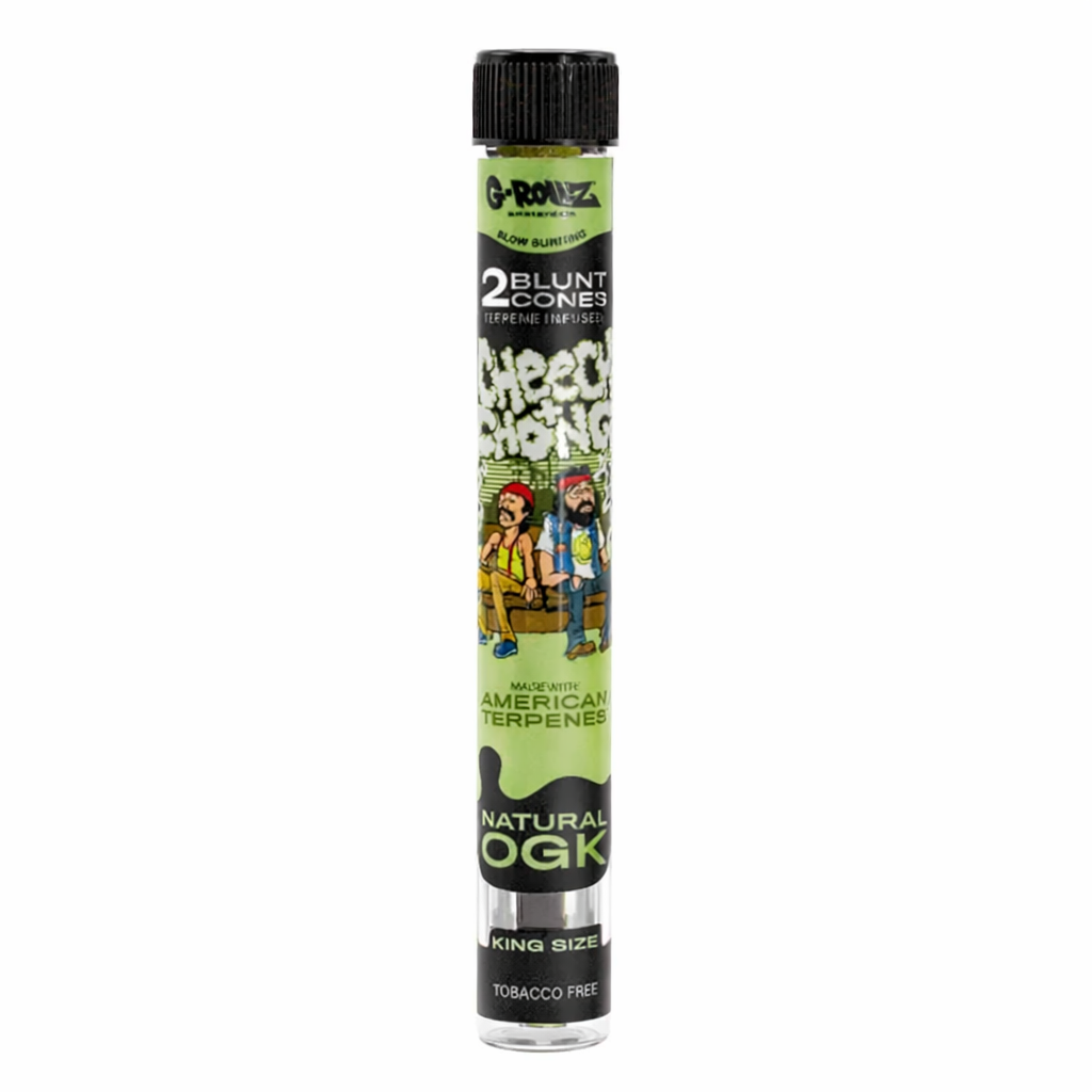 G‑Rollz pre‑rolled cones 2‑piece glass tube accessory shown in branded artwork packaging on a pure white background.