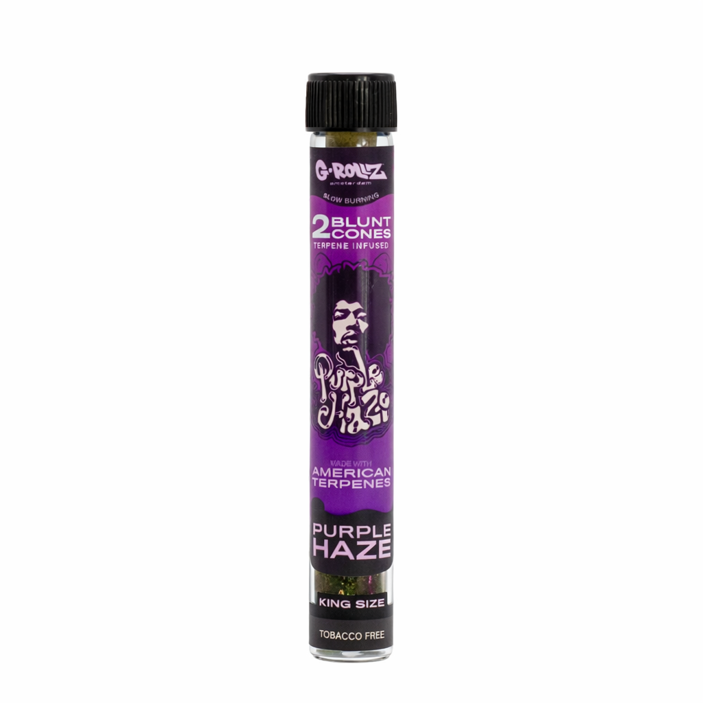 G‑Rollz pre‑rolled cones 2‑piece glass tube accessory shown in branded artwork packaging on a pure white background.