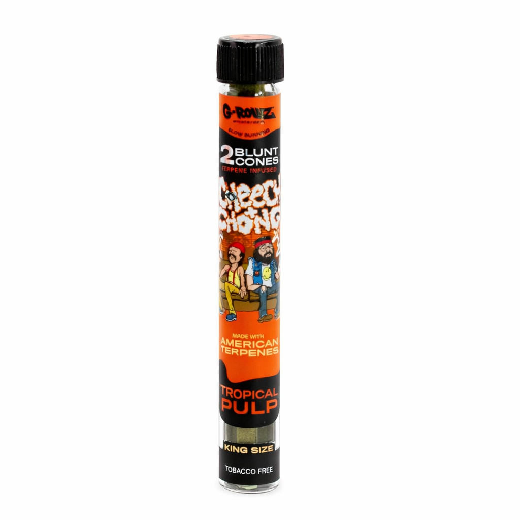 G‑Rollz pre‑rolled cones 2‑piece glass tube accessory shown in branded artwork packaging on a pure white background.