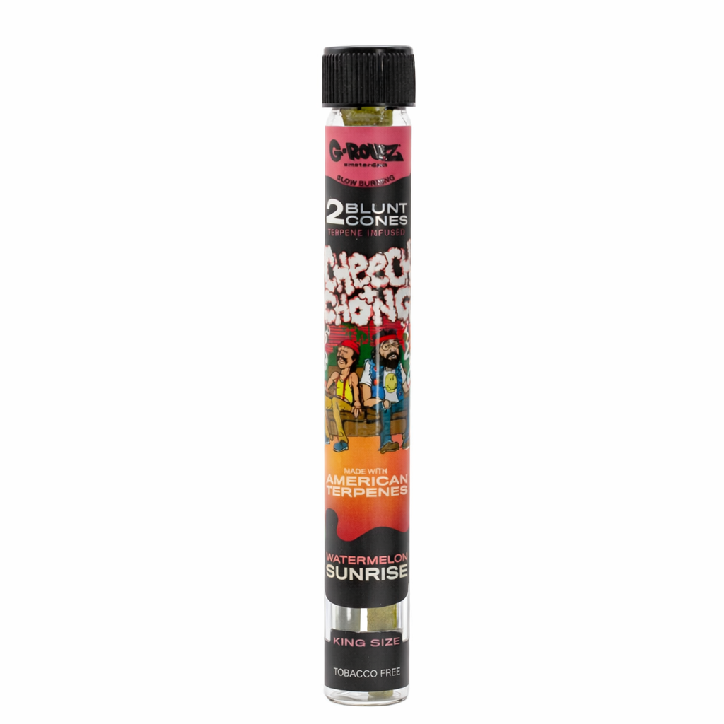 G‑Rollz pre‑rolled cones 2‑piece glass tube accessory shown in branded artwork packaging on a pure white background.