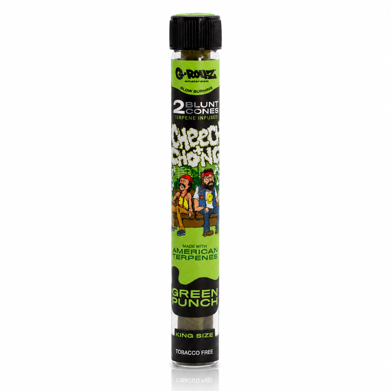 G‑Rollz Cheech & Chong King Size Pre‑Rolled Paper Cones in Glass Tube on a pure white background.