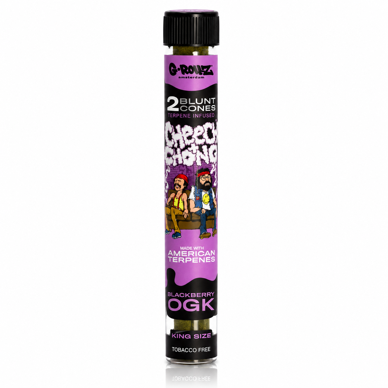 G‑Rollz Cheech & Chong King Size Pre‑Rolled Paper Cones in Glass Tube on a pure white background.