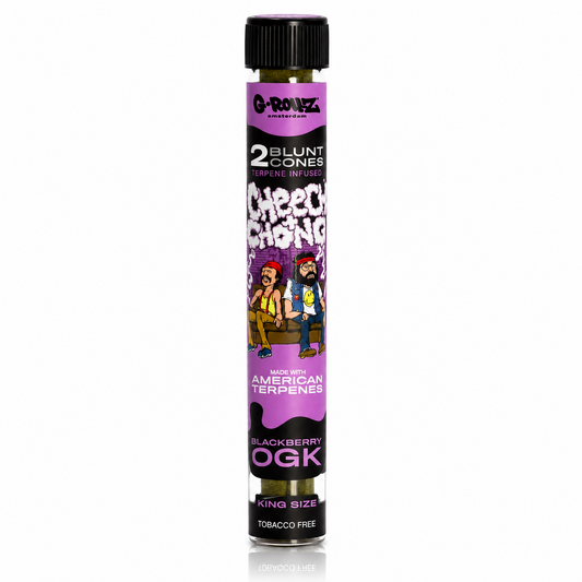 G‑Rollz Cheech & Chong King Size Pre‑Rolled Paper Cones in Glass Tube on a pure white background.