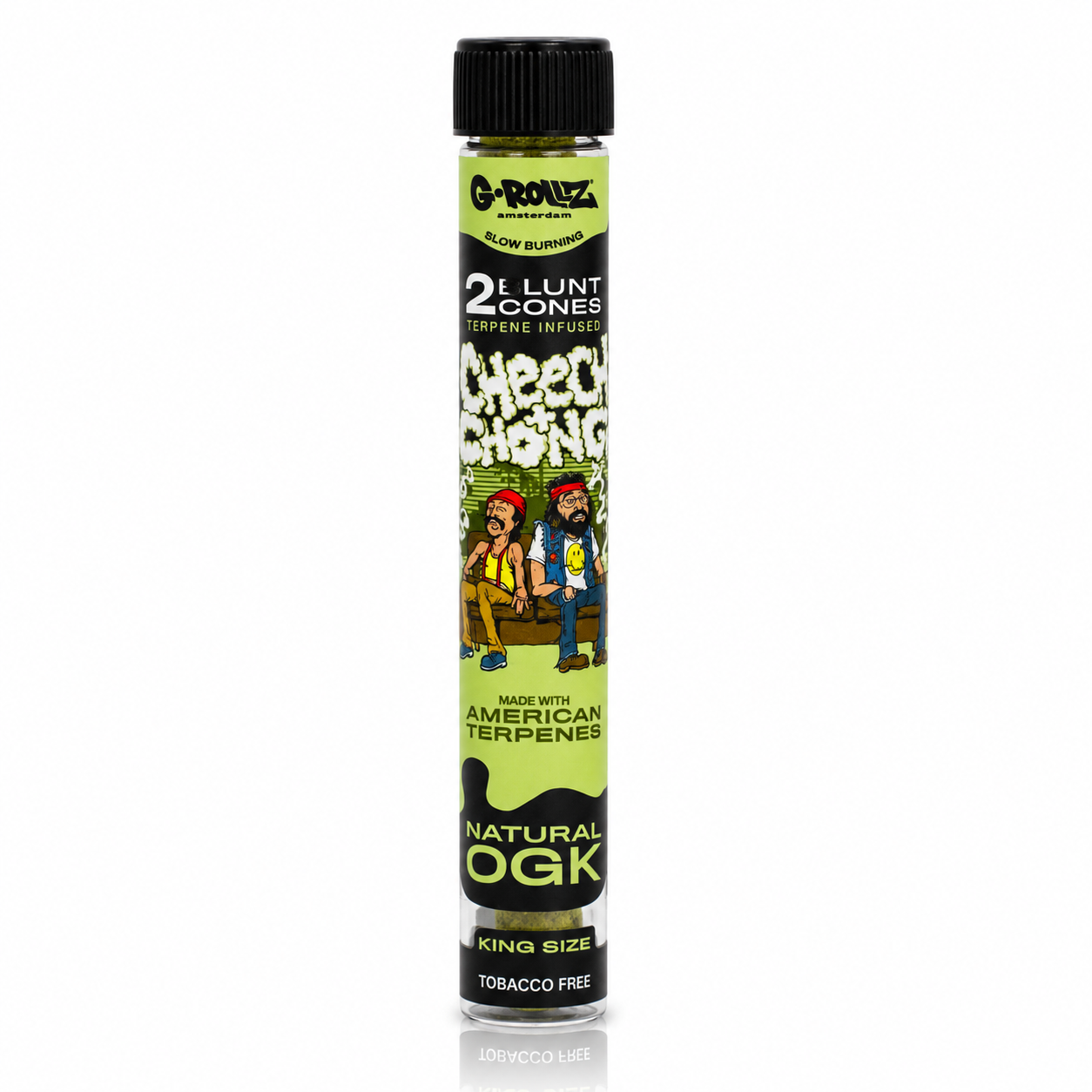 G‑Rollz Cheech & Chong King Size Pre‑Rolled Paper Cones in Glass Tube on a pure white background.