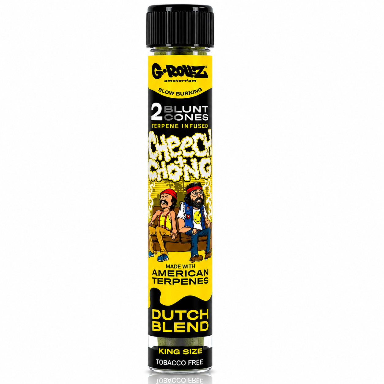 G‑Rollz Cheech & Chong King Size Pre‑Rolled Paper Cones in Glass Tube on a pure white background.
