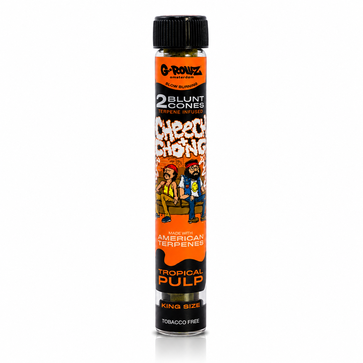 G‑Rollz Cheech & Chong King Size Pre‑Rolled Paper Cones in Glass Tube on a pure white background.