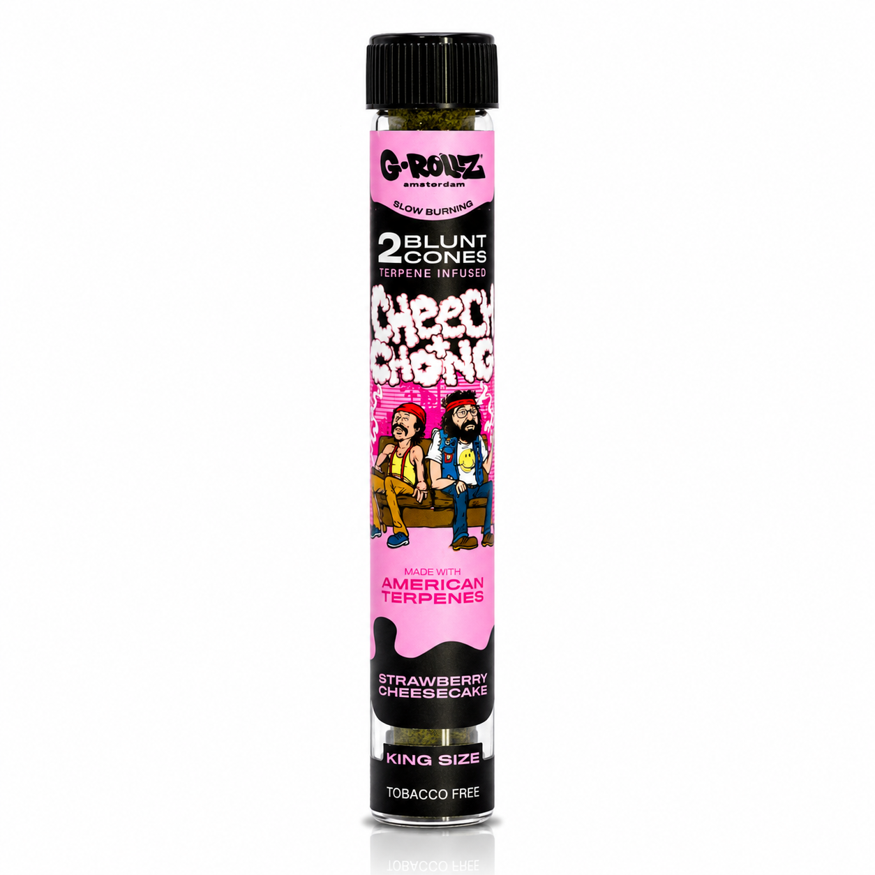 G‑Rollz Cheech & Chong King Size Pre‑Rolled Paper Cones in Glass Tube on a pure white background.