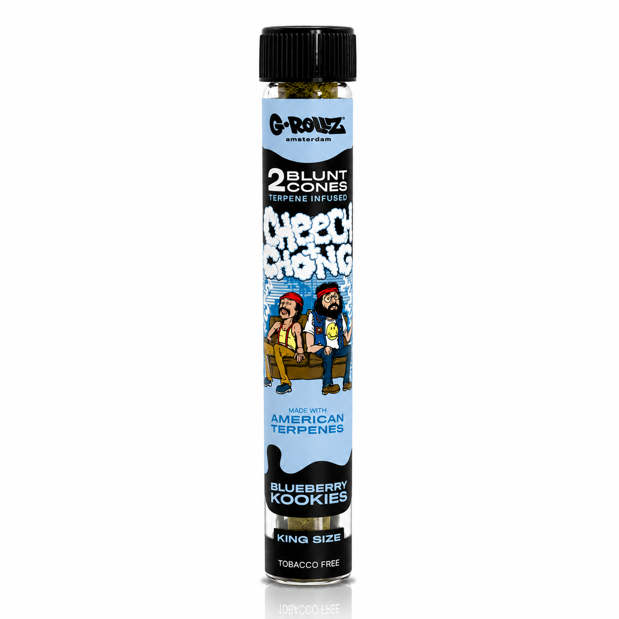 G‑Rollz Cheech & Chong King Size Pre‑Rolled Paper Cones in Glass Tube on a pure white background.