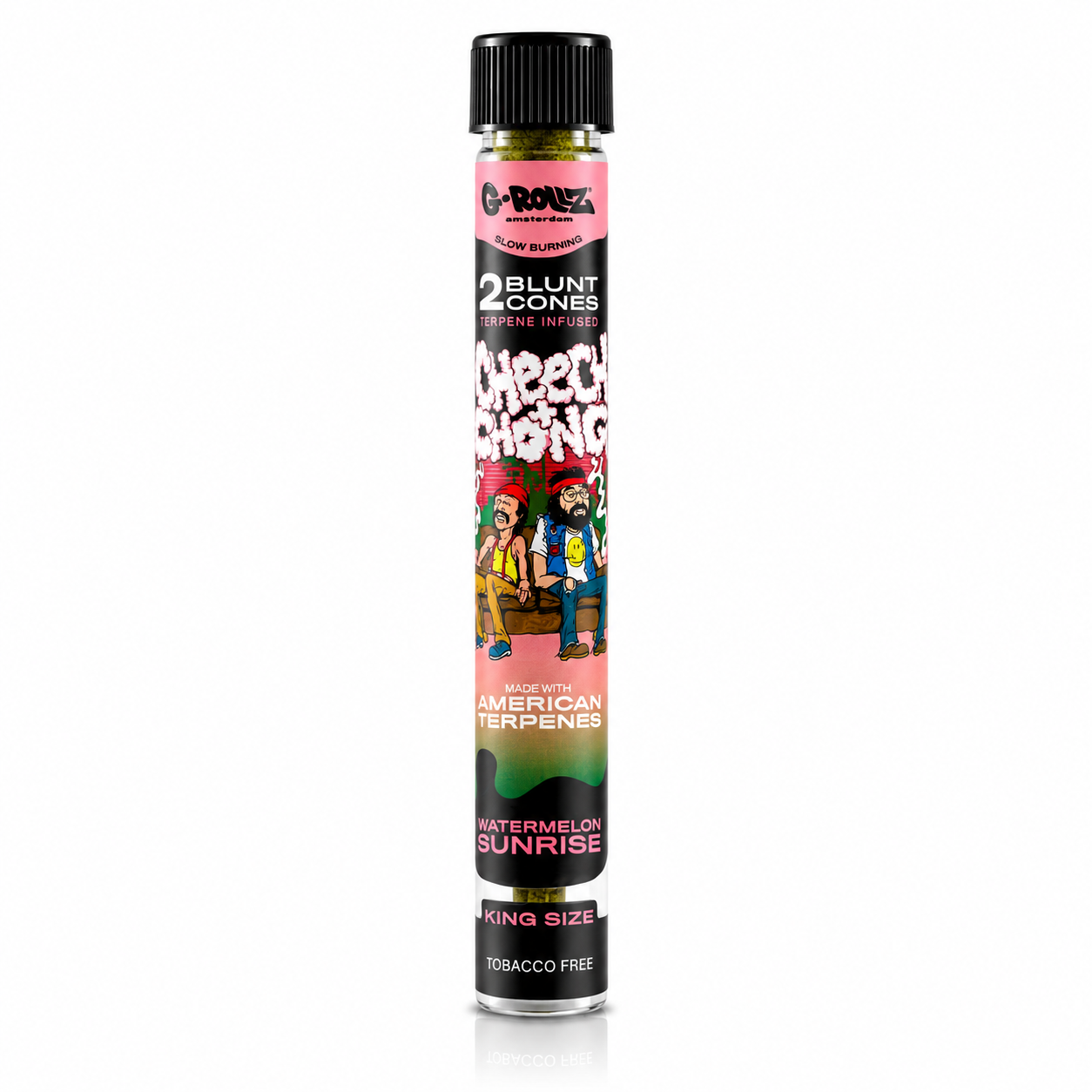G‑Rollz Cheech & Chong King Size Pre‑Rolled Paper Cones in Glass Tube on a pure white background.