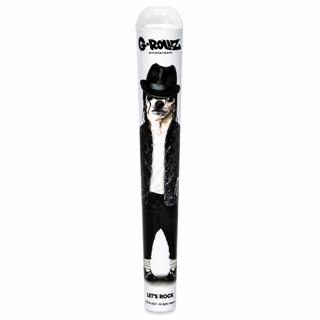 Product packaging with a dog in a suit and hat design, featuring the brand 'G-Rollz' on a pure white background.