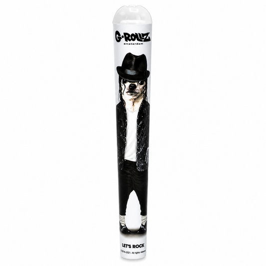 Product packaging with a dog in a suit and hat design, featuring the brand 'G-Rollz' on a pure white background.