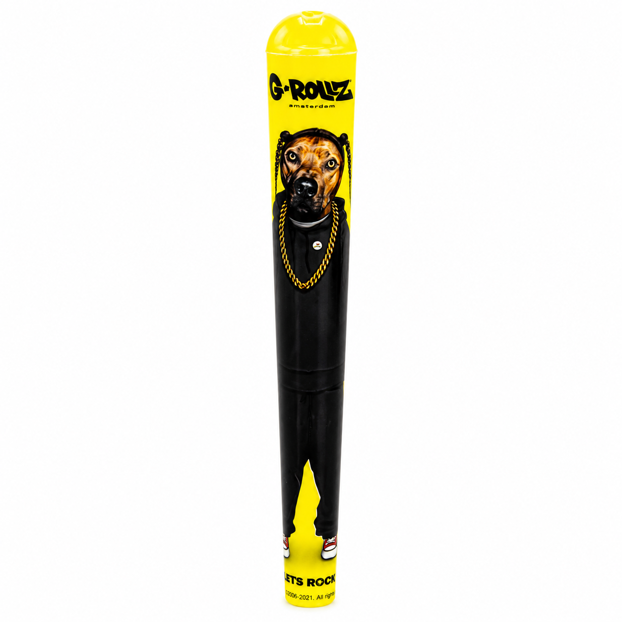 Black and yellow tube with a dog design on a pure white background.