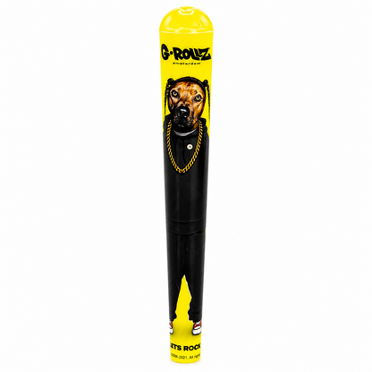 Black and yellow tube with a dog design on a pure white background.
