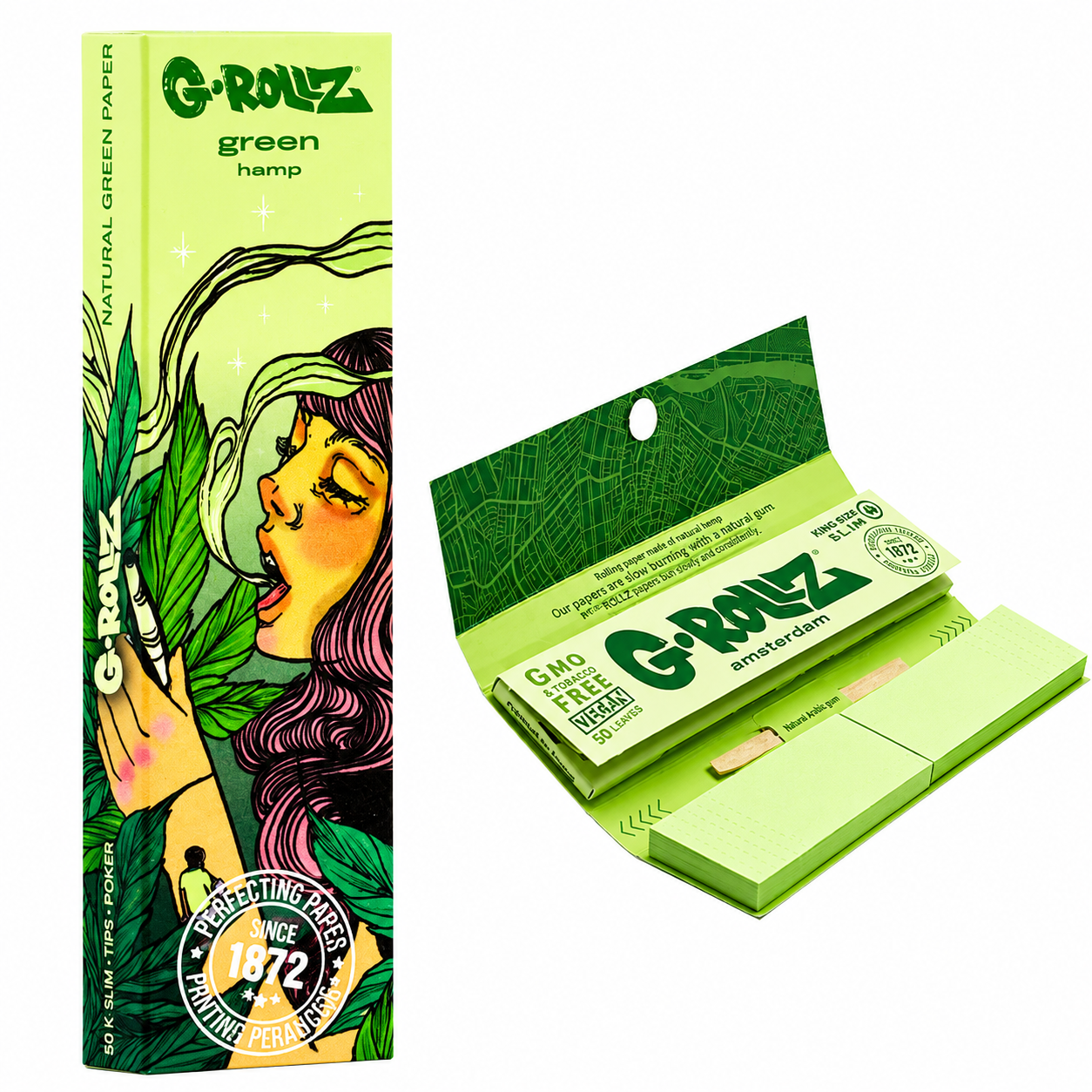G‑Rollz King Size Slim rolling papers with tips and poker in assorted designs on a pure white background.