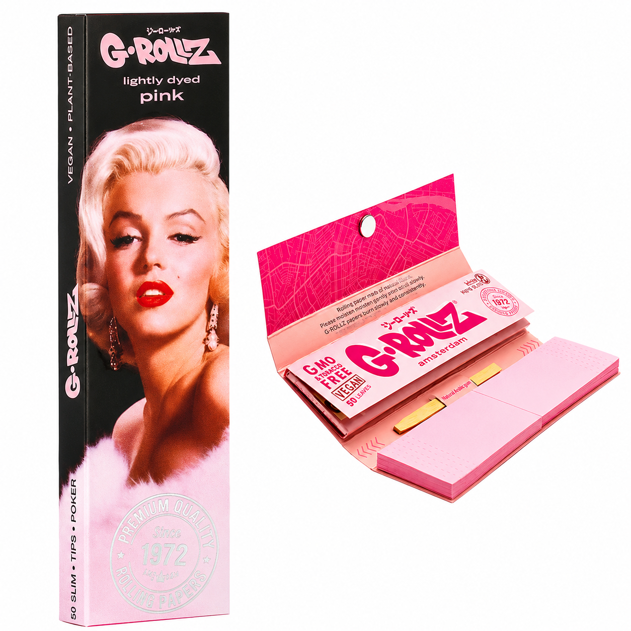 G‑Rollz King Size Slim rolling papers with tips and poker in assorted designs on a pure white background.
