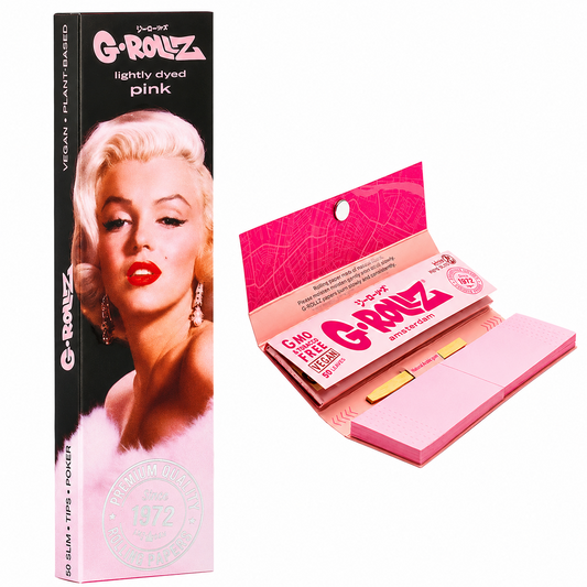 G‑Rollz King Size Slim rolling papers with tips and poker in assorted designs on a pure white background.