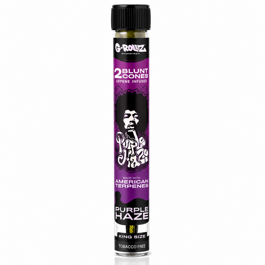 G‑Rollz Purple Haze Edition King Size Pre‑Rolled Cones with Glass Holder on a pure white background.