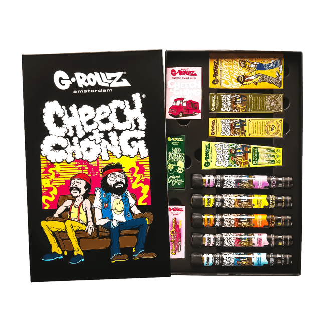 G‑Rollz Cheech & Chong premium large gift set displayed in an open box on a pure white background, featuring themed rolling accessories arranged neatly.