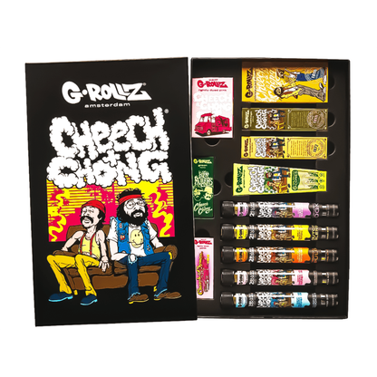 G‑Rollz Cheech & Chong premium large gift set displayed in an open box on a pure white background, featuring themed rolling accessories arranged neatly.