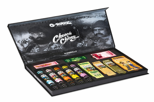 G‑Rollz Cheech & Chong premium large gift set displayed in an open box on a pure white background, featuring themed rolling accessories arranged neatly.