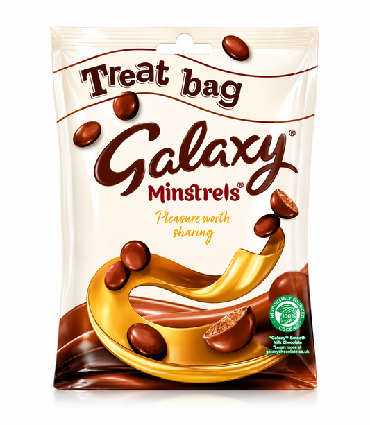 Galaxy Minstrels chocolate treat bag packaging on a pure white background.