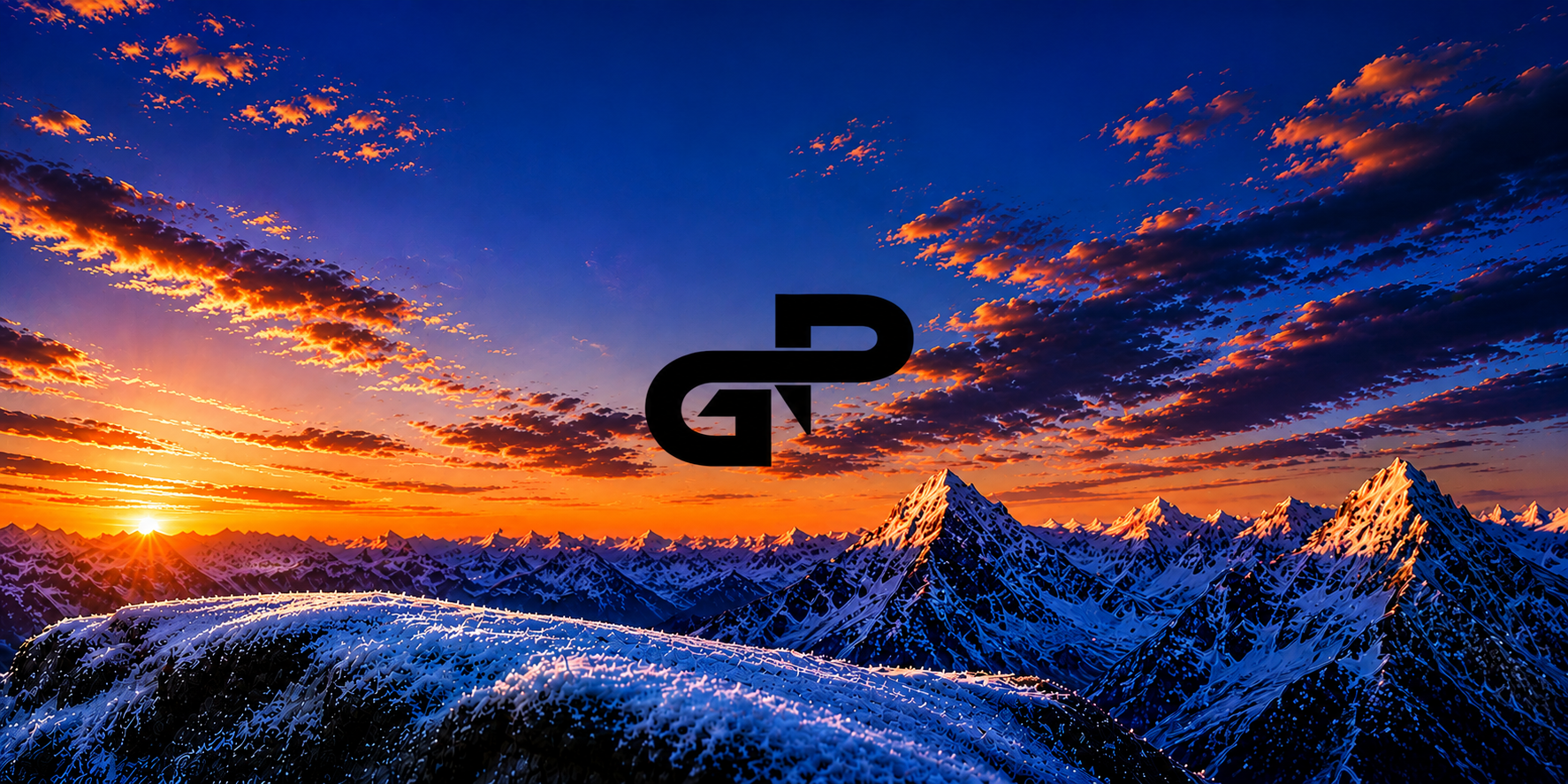Sunset over snow-covered mountains with a logo overlay