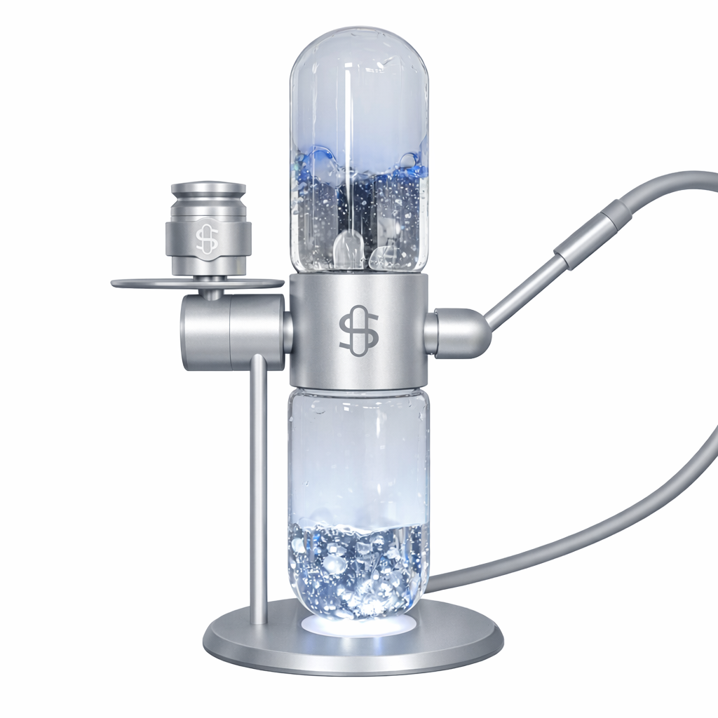360‑degree rotating clear glass water pipe in transparent durable glass with a modern infuser design displayed on a pure white background.