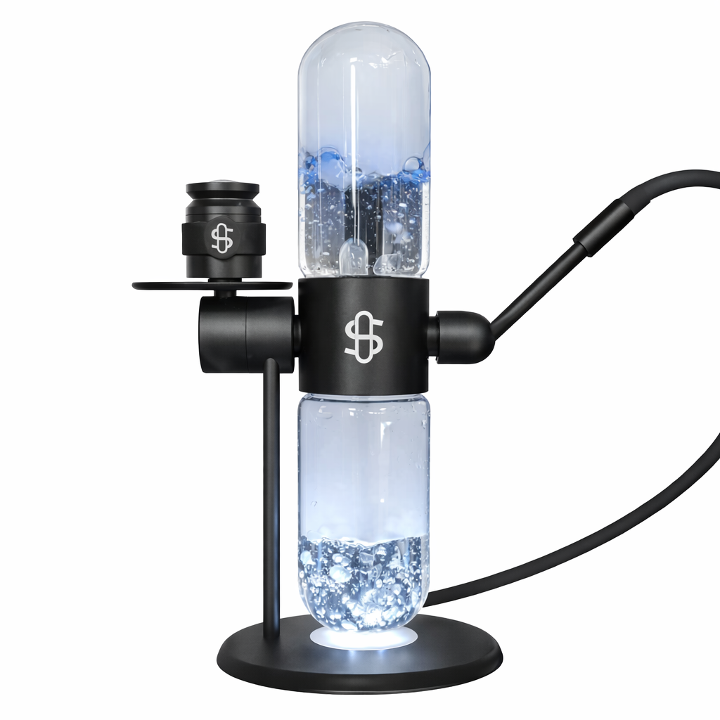 360‑degree rotating clear glass water pipe in transparent durable glass with a modern infuser design displayed on a pure white background.