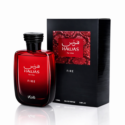 Hawas Fire Eau De Parfum 100ml by Rasasi shown with its red bottle and matching black‑and‑red box on a pure white background.