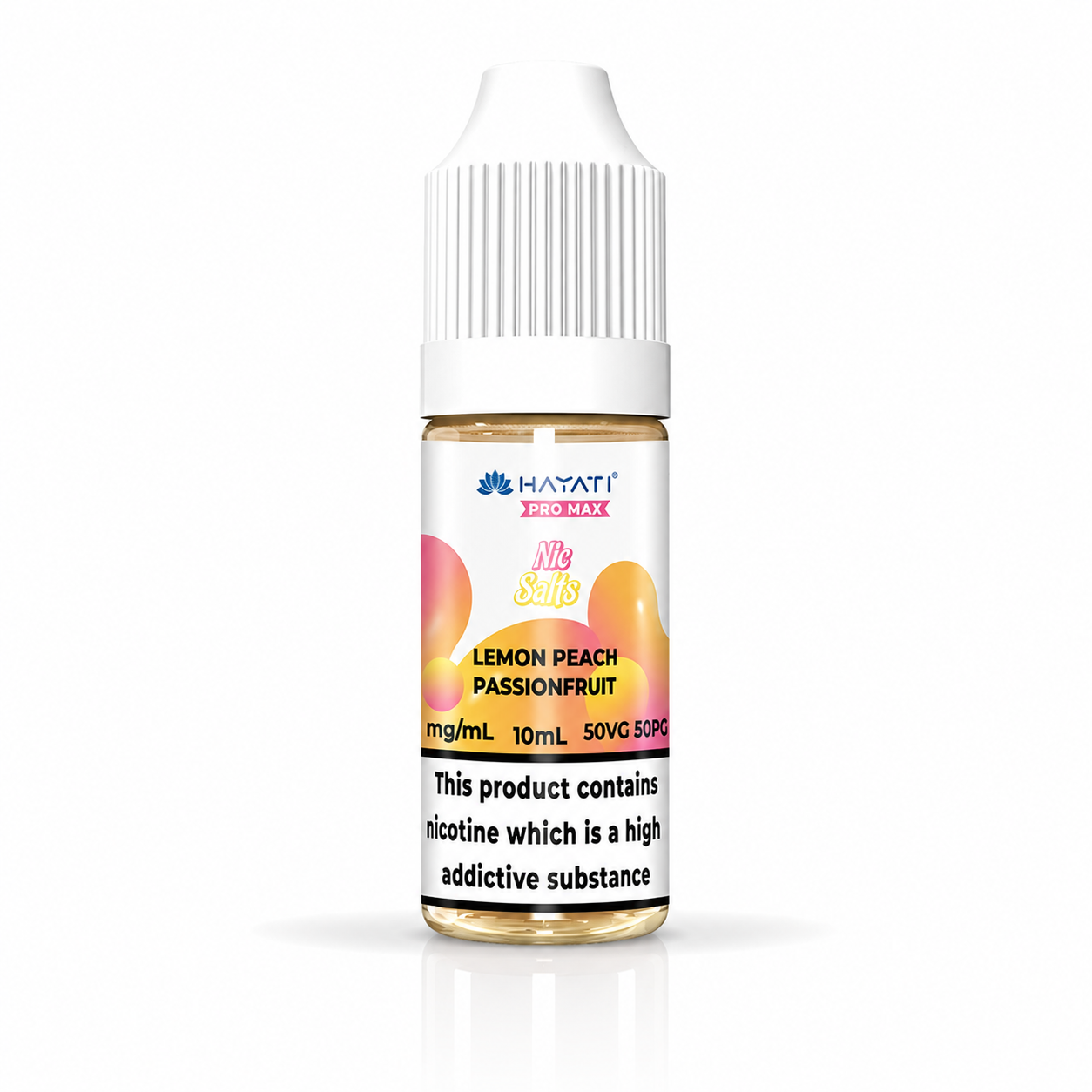 Hayati Pro Max nic salt bottle displayed on a pure white background with clear label detailing.