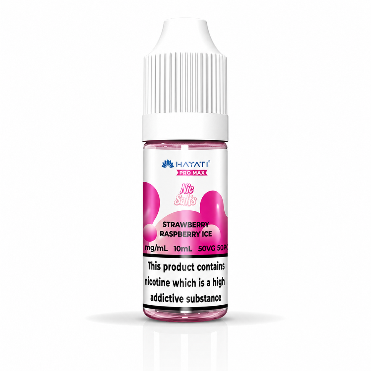 Hayati Pro Max nic salt bottle displayed on a pure white background with clear label detailing.