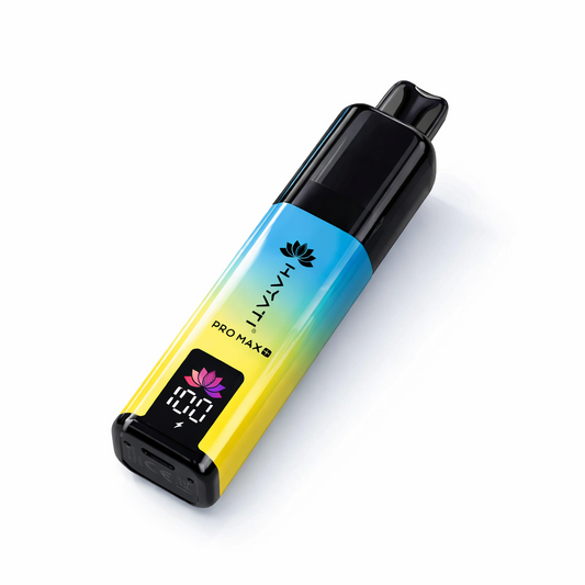 Hayati Pro Max Plus vape device in the Blue Razz Pineapple colourway, displayed upright on a pure white background with clean PRO MAX+ branding and no flavour imagery or nicotine references.