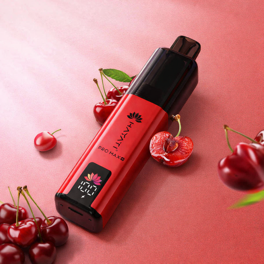 Red vape device with digital display on a pink background with cherries