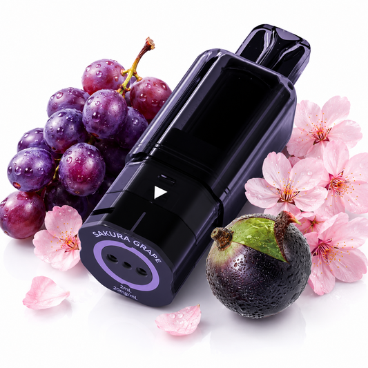 Hayati Pro Max Plus pod displayed with fruits upright on a pure white background.