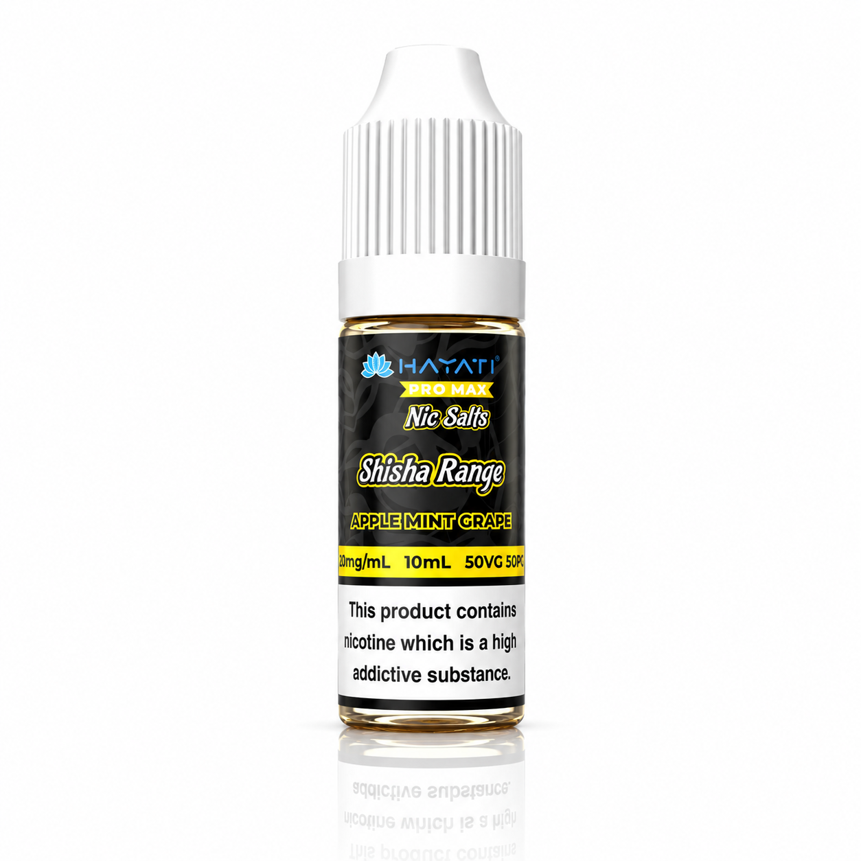 Hayati Pro Max Nic Salts Shisha Range e-liquid bottle on a pure white background with warning label, studio product image.