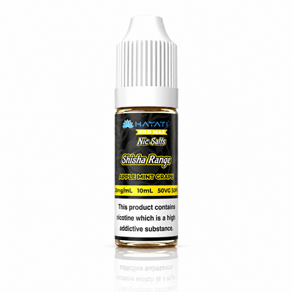 Hayati Pro Max Nic Salts Shisha Range e-liquid bottle on a pure white background with warning label, studio product image.