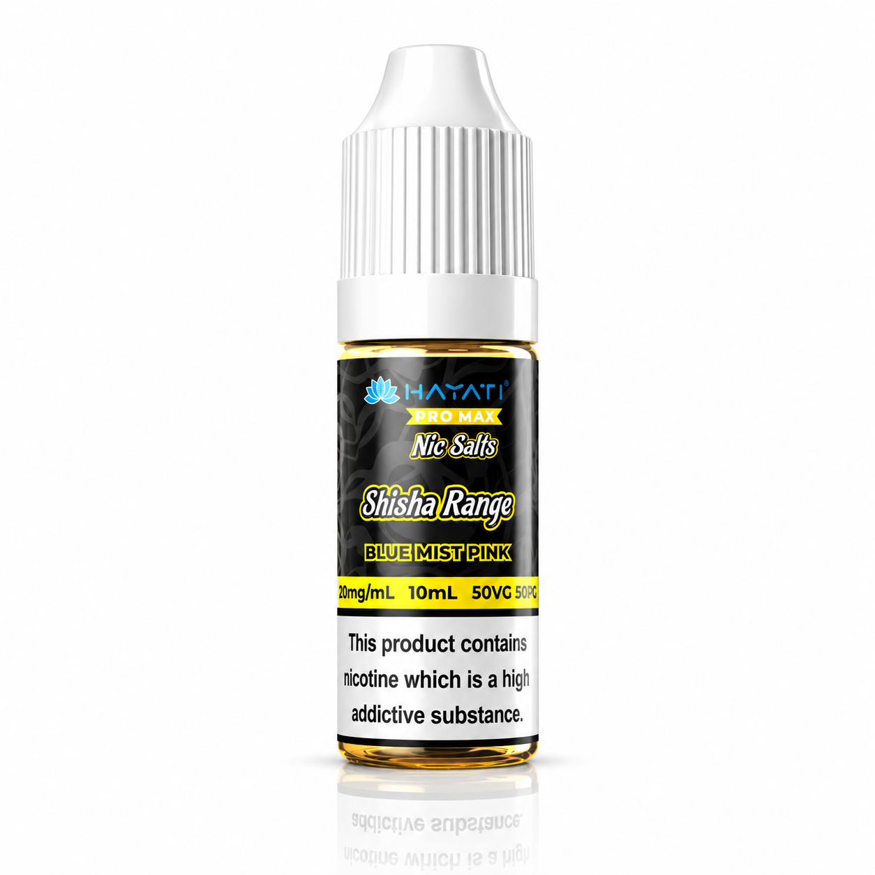 Hayati Pro Max Nic Salts Shisha Range e-liquid bottle on a pure white background with warning label, studio product image.