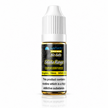 Hayati Pro Max Nic Salts Shisha Range e-liquid bottle on a pure white background with warning label, studio product image.