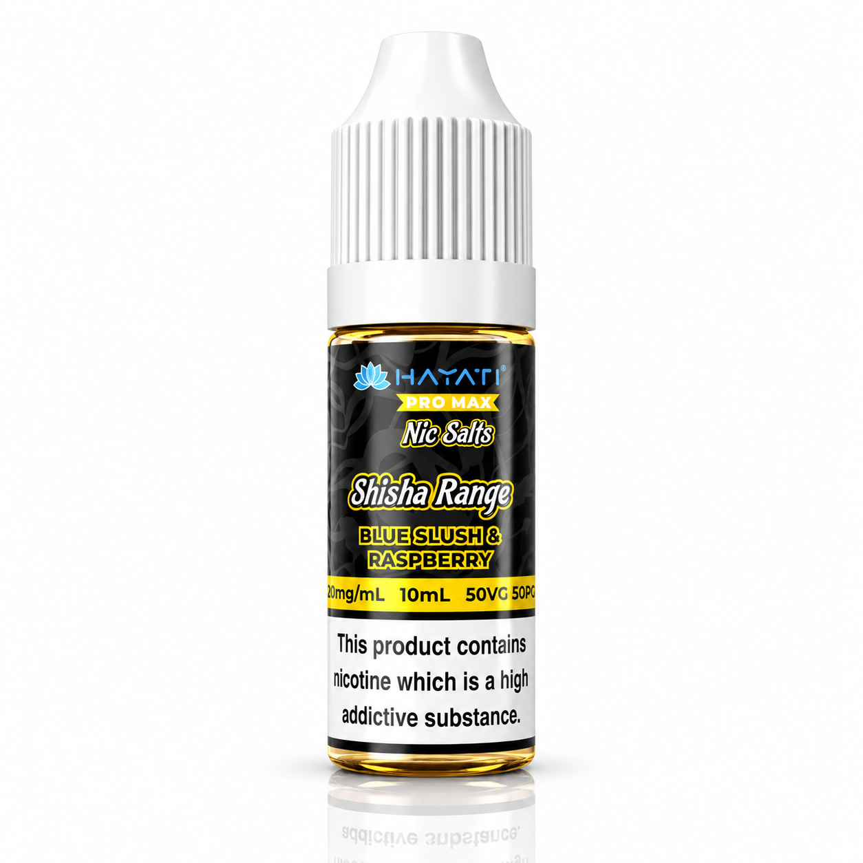 Hayati Pro Max Nic Salts Shisha Range e-liquid bottle on a pure white background with warning label, studio product image.