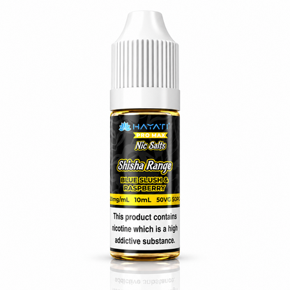 Hayati Pro Max Nic Salts Shisha Range e-liquid bottle on a pure white background with warning label, studio product image.