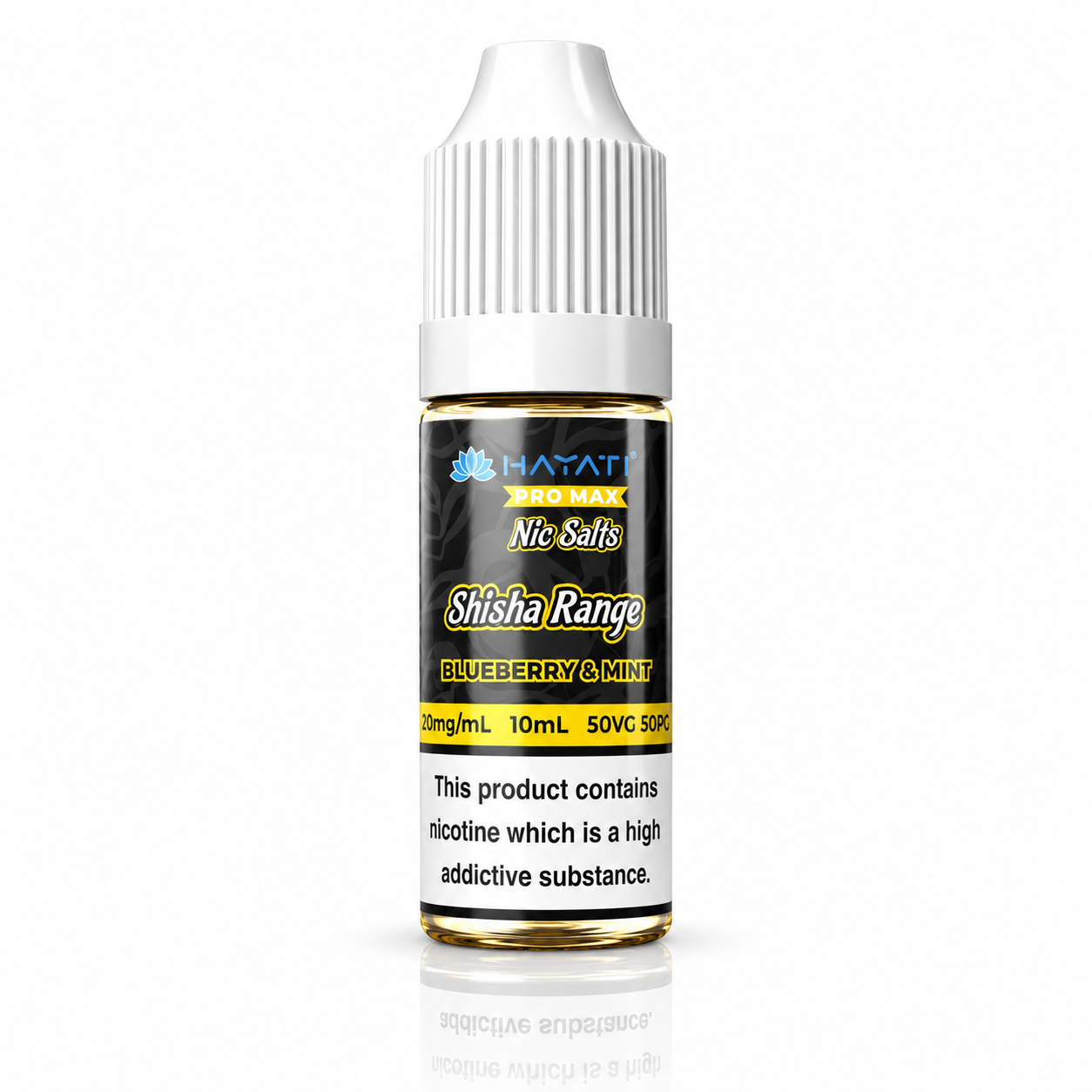 Hayati Pro Max Nic Salts Shisha Range e-liquid bottle on a pure white background with warning label, studio product image.