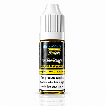 Hayati Pro Max Nic Salts Shisha Range e-liquid bottle on a pure white background with warning label, studio product image.
