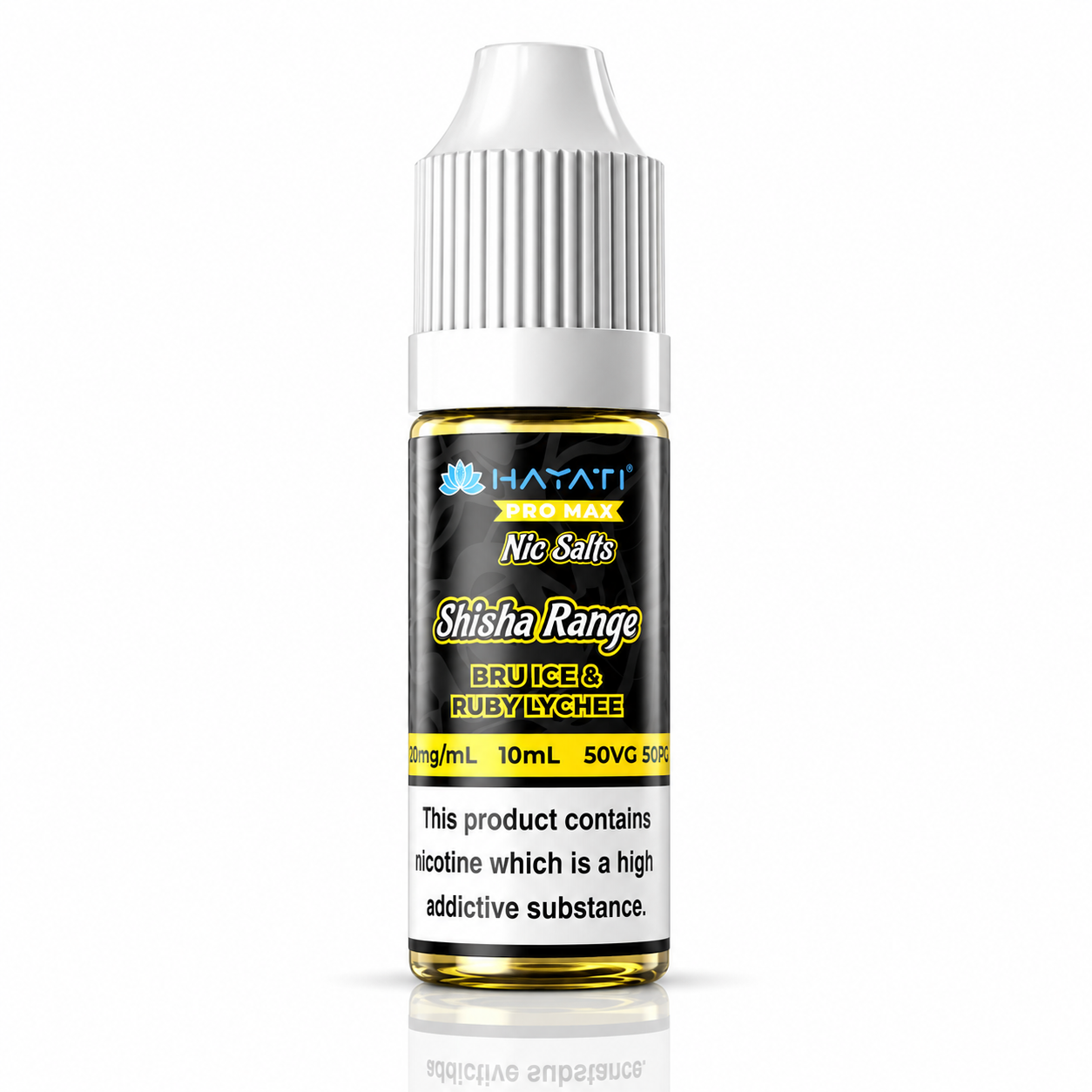 Hayati Pro Max Nic Salts Shisha Range e-liquid bottle on a pure white background with warning label, studio product image.